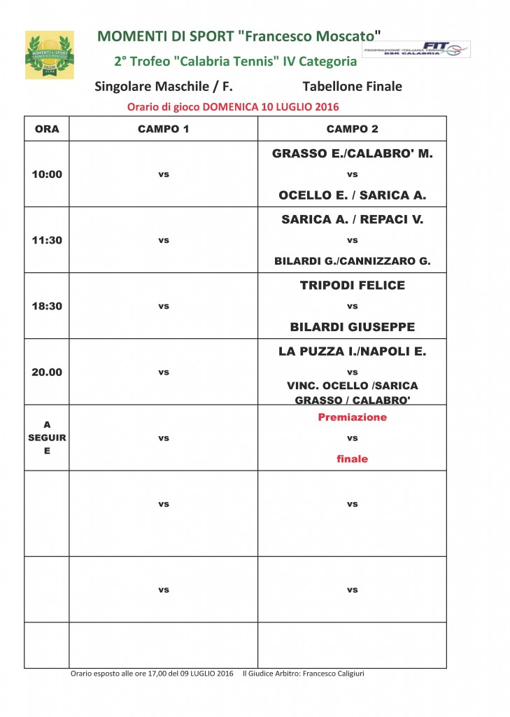 Orario di gioco 10 07 2016
