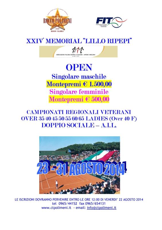 CT Polimeni organizza il XXIV MEMORIAL “LILLO RIPEPI” – singolare M/F dal 23 al 31 agosto 2014. Torneo Open e Campionati Veterani Sing. M / F.