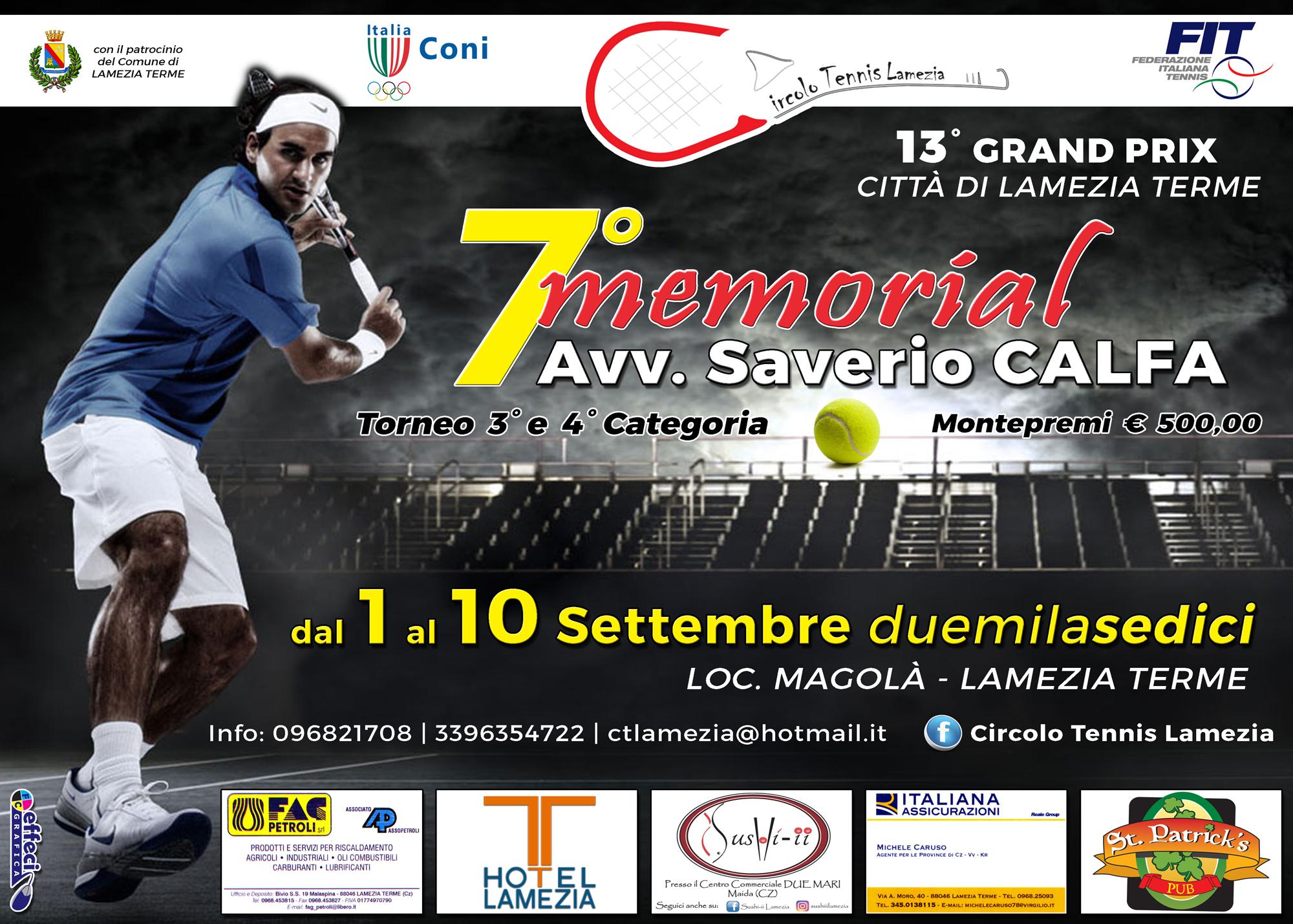 CT Lamezia: 13° Grand Prix Città di Lamezia Terme – 7°memorial “Avv. Saverio Calfa” Torneo III e IV Categoria – Montepremi € 500,00 dal 1 al 11 settembre 2016