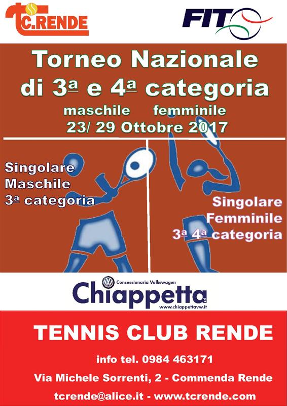T.C. Rende (CS) Torneo nazionale III Cat. Sing. M e III e IV Cat. Sing./F dal 23 al 29 ottobre 2017