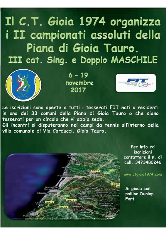 CT Gioia 1974: II Campionati assoluti della Piana di Gioia Tauro – III e IV Cat. Singolare e Doppio Maschile – 6/19 Novembre 2017