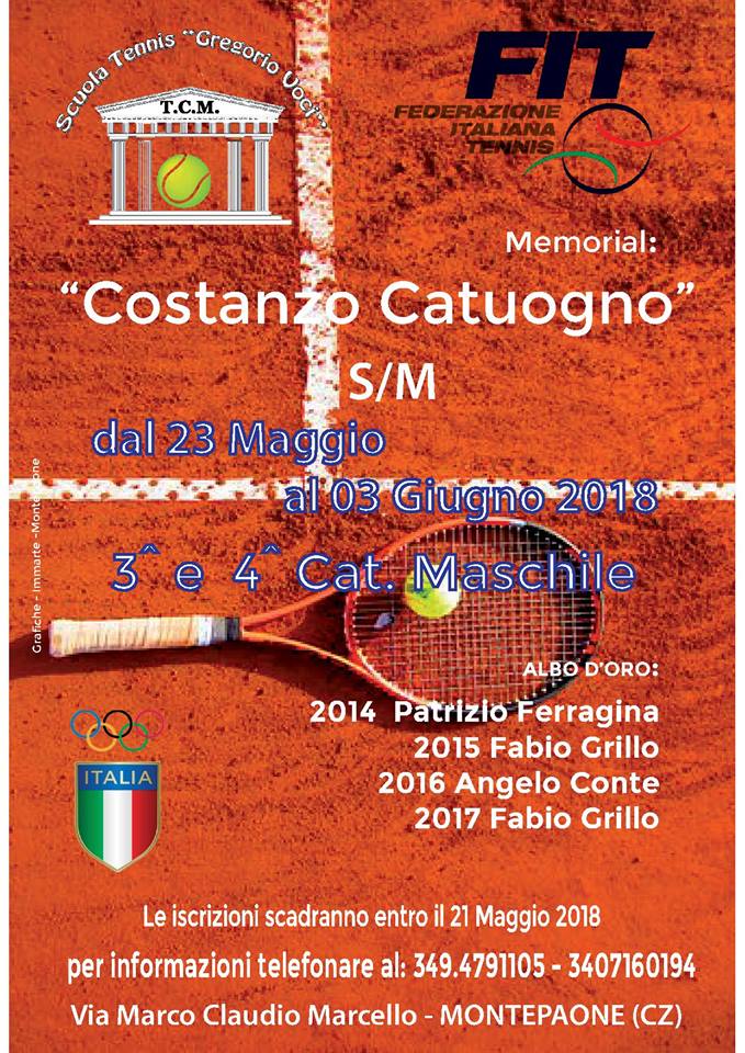 TC Catuogno di Montepaone Lido (CZ) Memorial “Costanzo Catuogno” III Cat. Singolare Maschile dal 23/5 al 3/6 2018