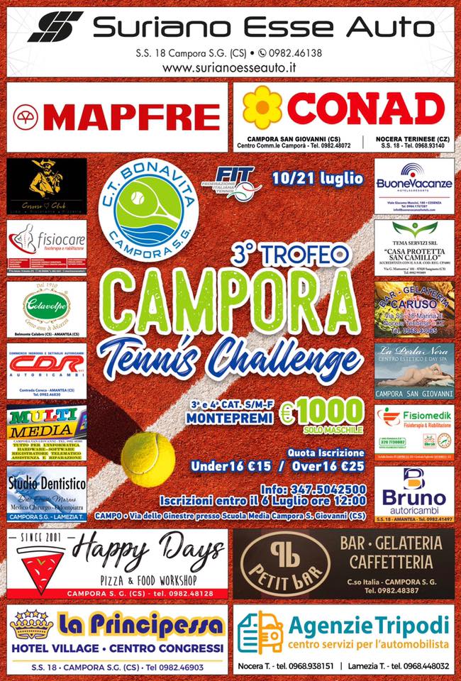 Ct Bonavita: 3° TROFEO CAMPORA TENNIS CHALLENGE 10/21 Luglio 2019
