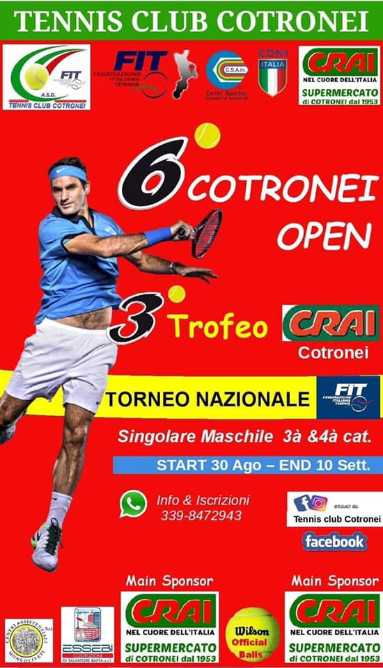 VI COTRONEI OPEN – III Trofeo CRAI Cotronei – III Categoria Sing. Maschile dal 30/8 al 10/9 Settembre 2019