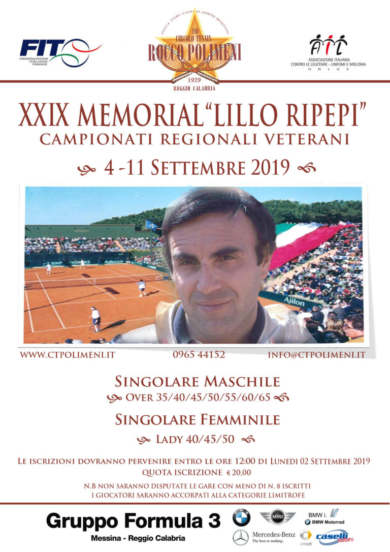 Ct Rocco Polimeni – XXIX MEMORIAL LILLO RIPEPI-CAMPIONATO REGIONALE VETERANI S/M-F 4/11 Settembre 2019