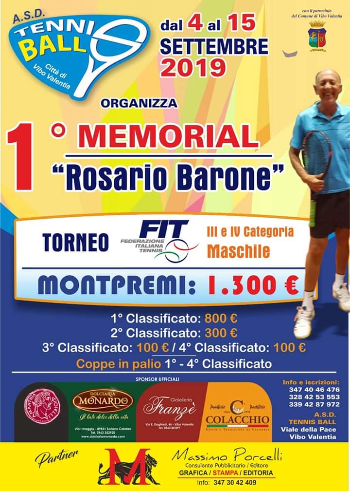 Tennis Ball Vibo Valentia: 1° Memorial “Rosario Barone” dal 4 al 15 Settembre 2019