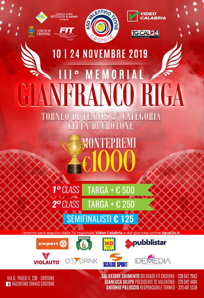 Asd Valentino Tennis Crotone – III Memorial “Gianfranco Riga” 10/24 Novembre 2019