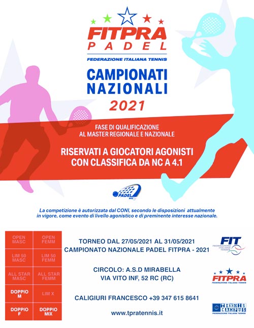 FITPRA Padel Qualificazione Campionati Nazionali 2021 Mirabella Padel (RC) dal 27/05/2021 al 31/05/2021