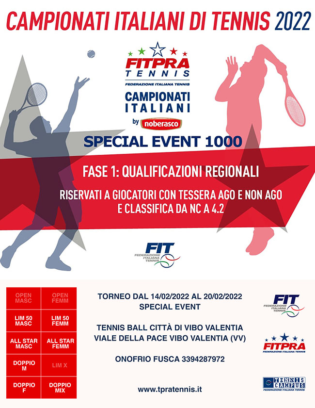 Campionati Italiani 2022  FIT-TPRA – Special Event Tennis Ball (VV) dal 14 al 20/02/2022